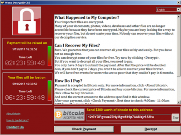 Victims of the Wana ransomware will see this lock screen demanding a $300 ransom to unlock all encrypted files.